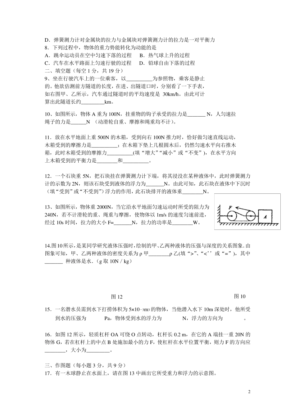 初二物理下册期末试题及答案_第2页