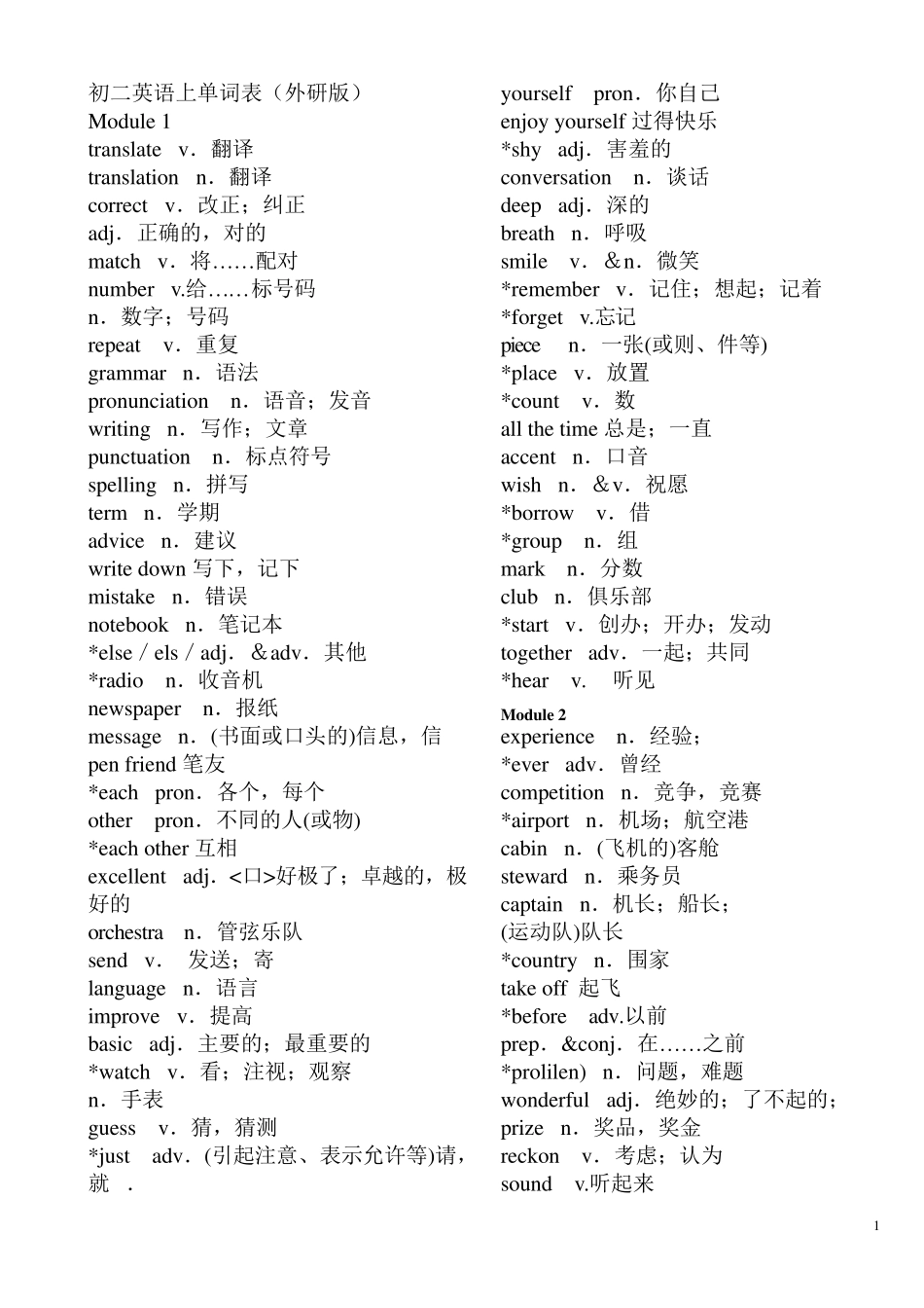 初二英语上册单词表(外研版)_第1页