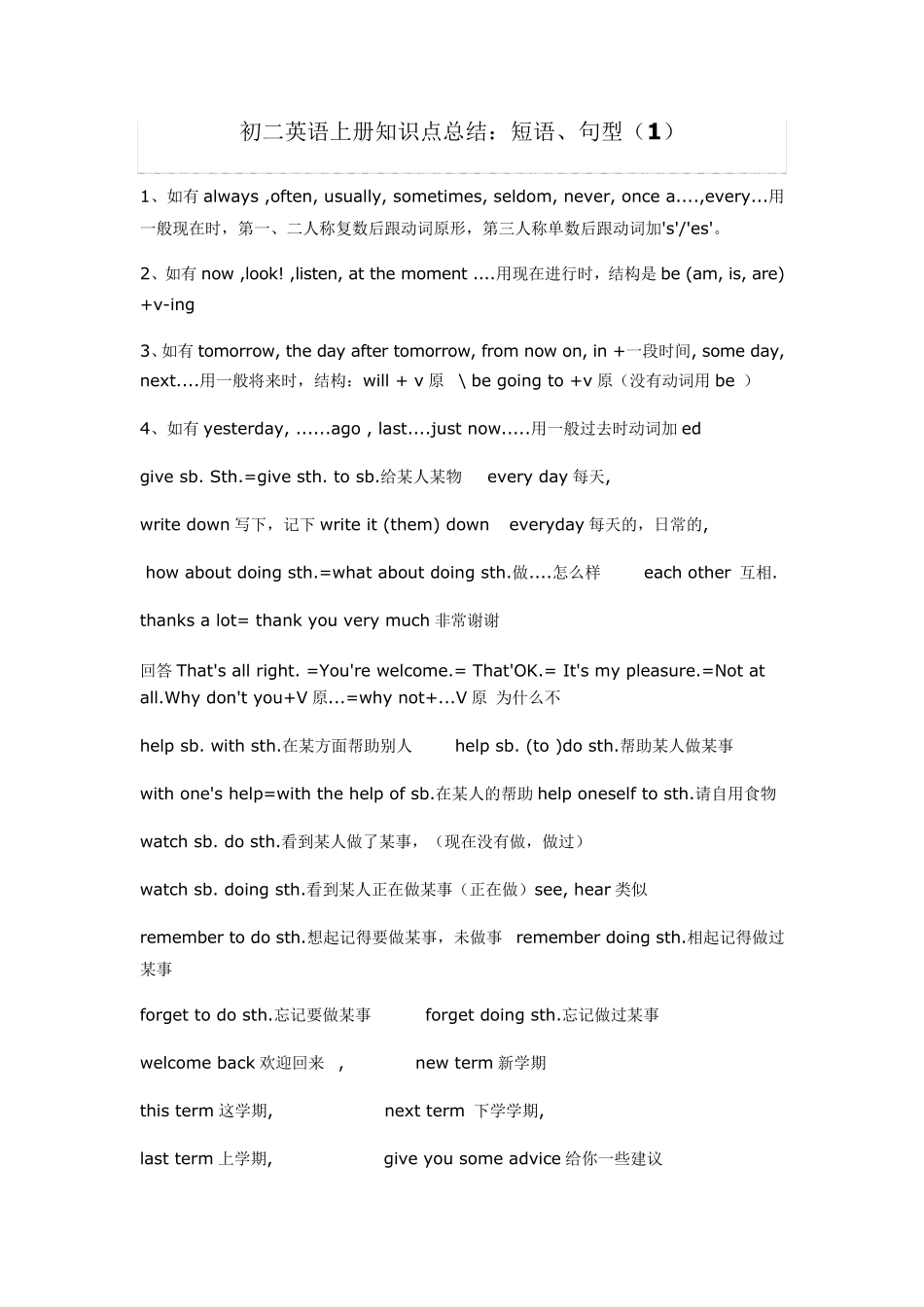 初二英语上册知识点总结：短语、句型_第1页