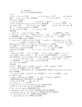 初二英语句型Unit1——unit2词组及词形变化