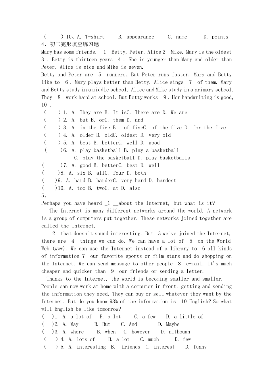 初二英语完形填空专项练习(10篇)_第3页