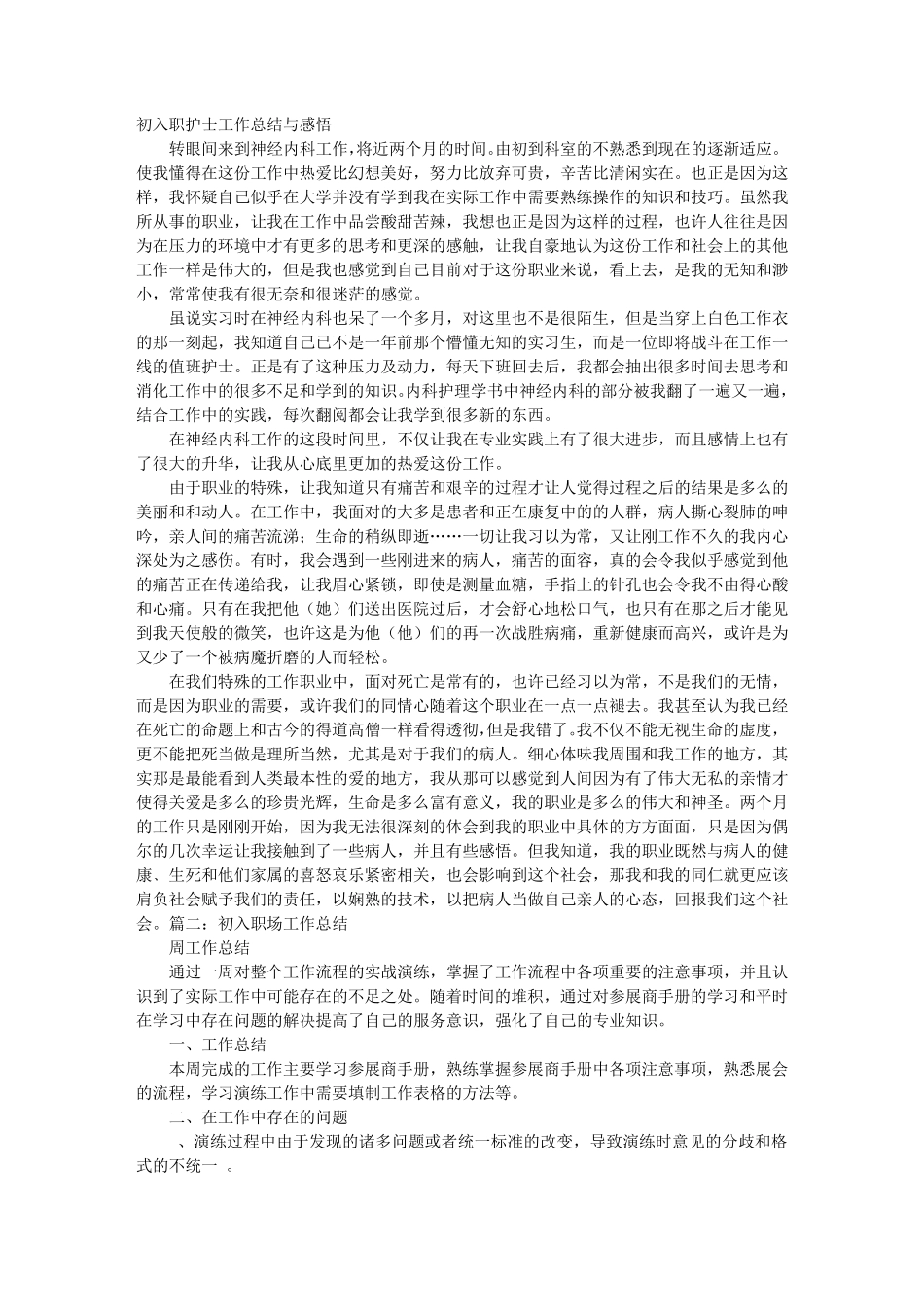 初入职场的护士工作总结_第1页