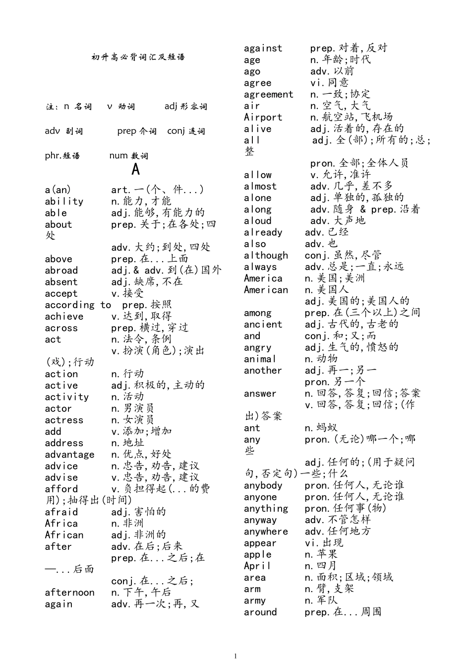 初升高英语必背词汇及短语_第1页