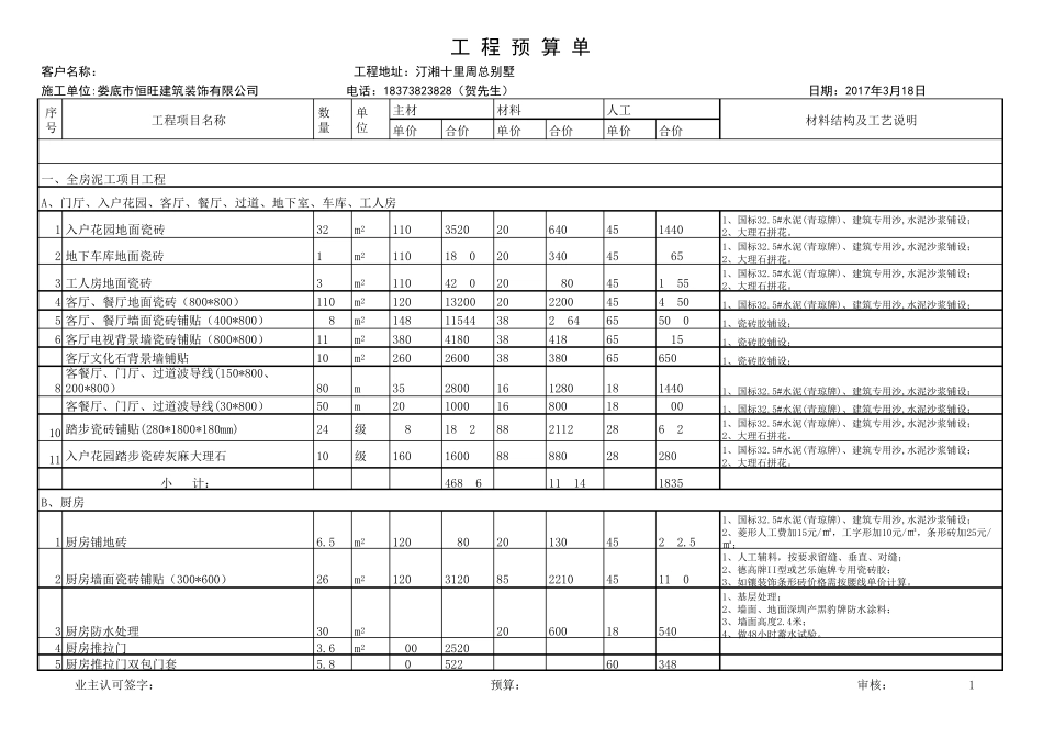 别墅装饰预算表_第1页