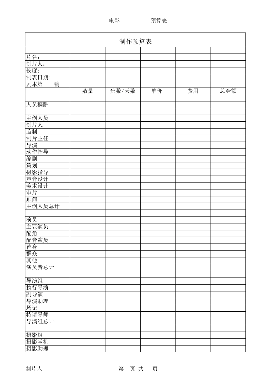 制片表格样本集_第1页