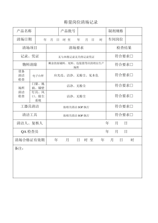 制粒岗位清场记录