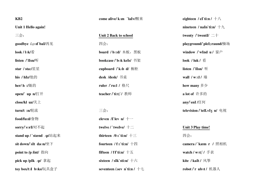 剑桥国际少儿英语KB2单词和句型_第1页