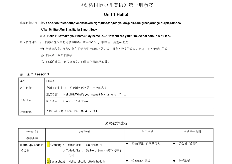 剑桥国际少儿英语教案unit1_第1页