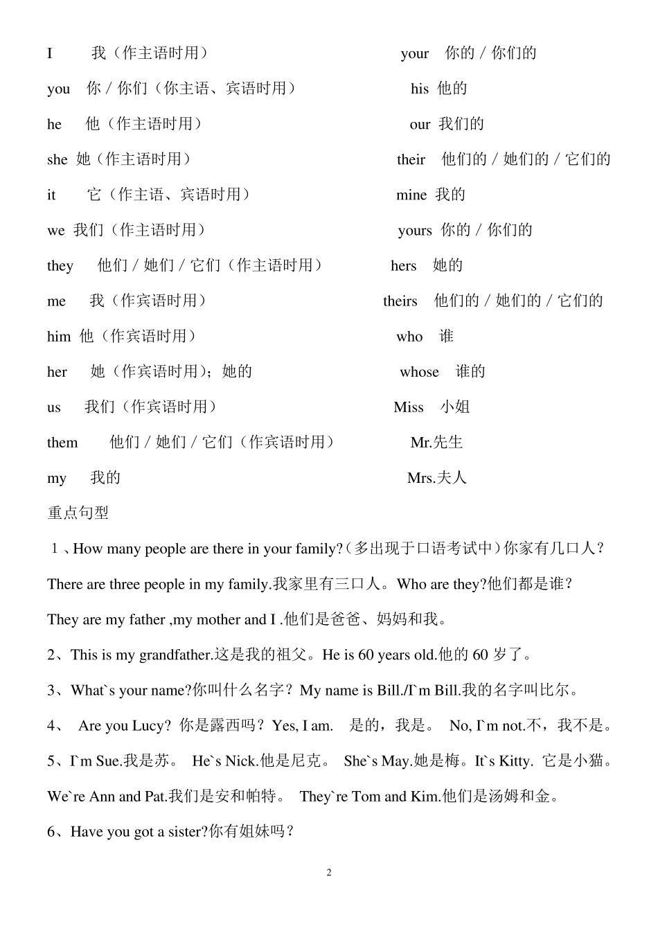 剑桥少儿英语一级(重点单词、句型)_第2页
