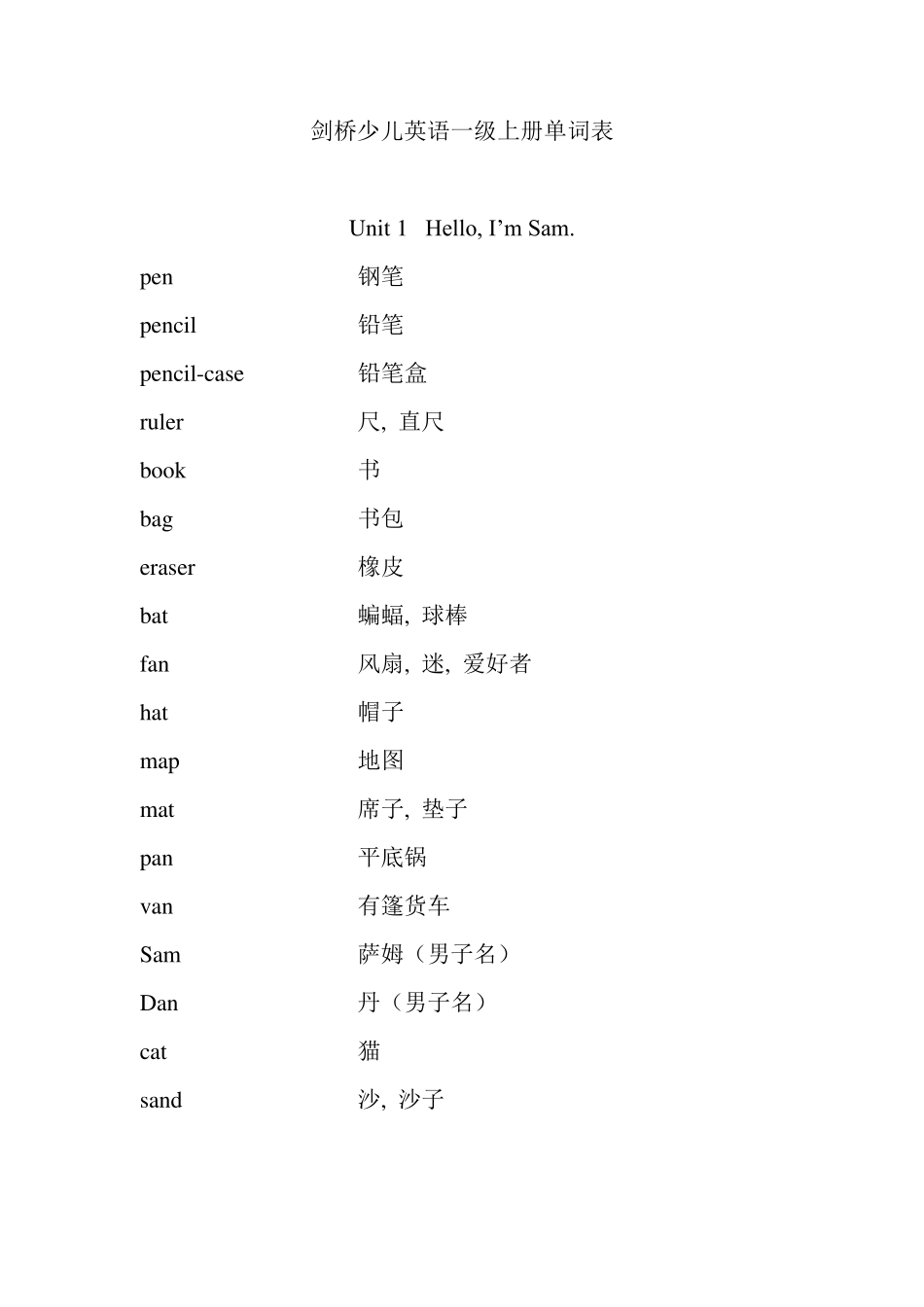 剑桥少儿英语一级上册单词表_第1页