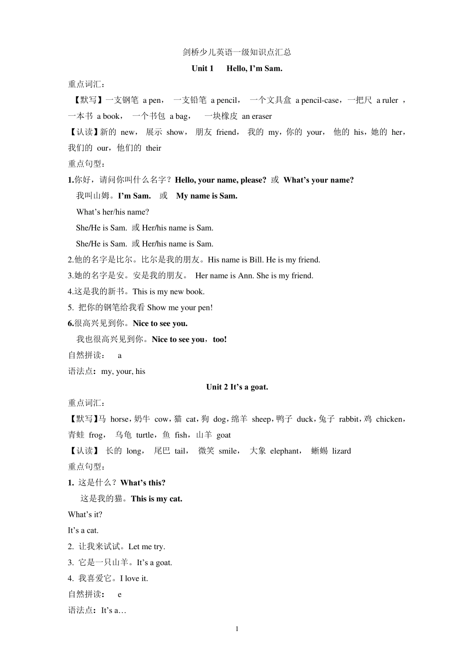 剑桥少儿英语一级上册知识点总结_第1页