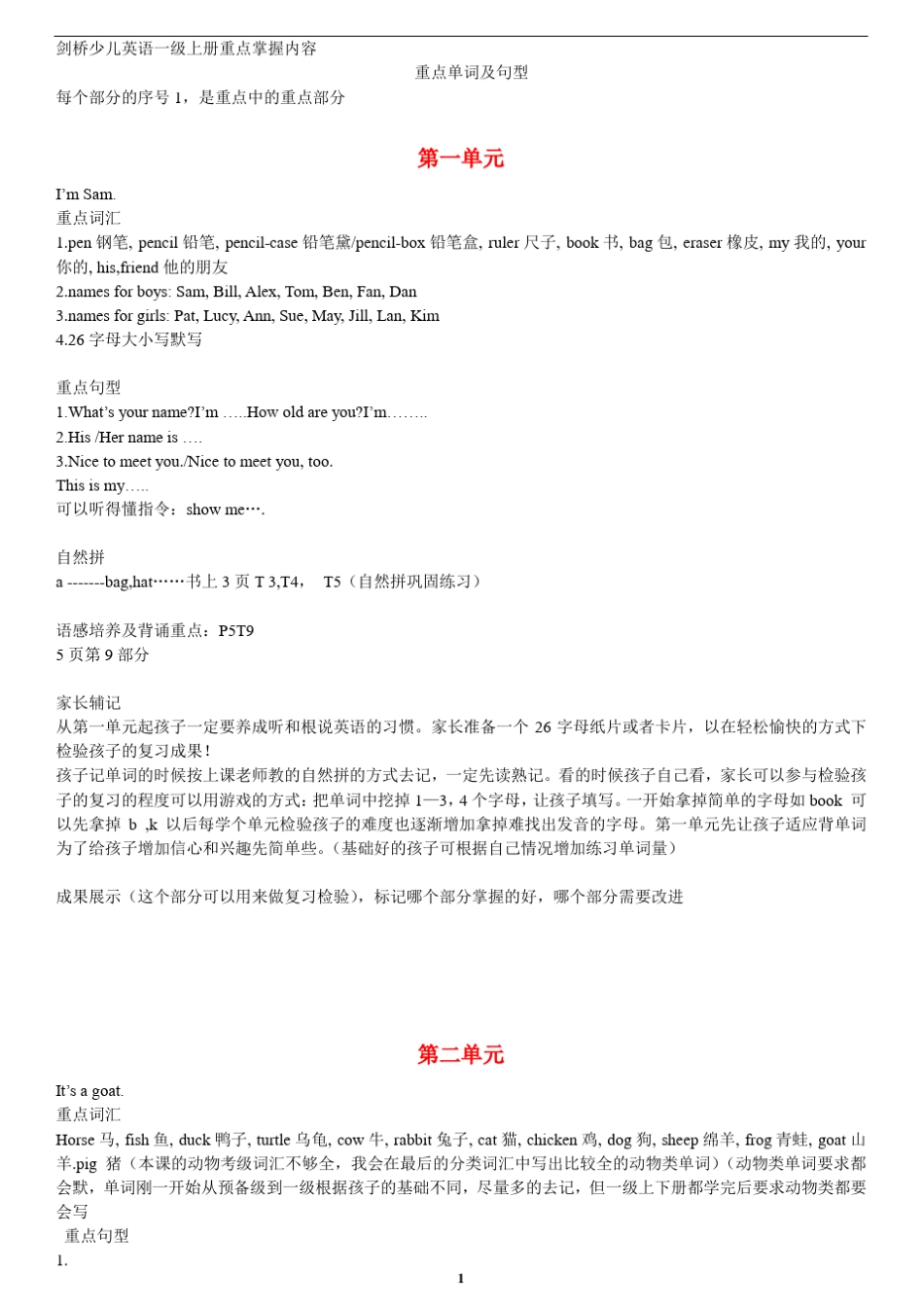 剑桥少儿英语一级上册重点掌握内容_第1页