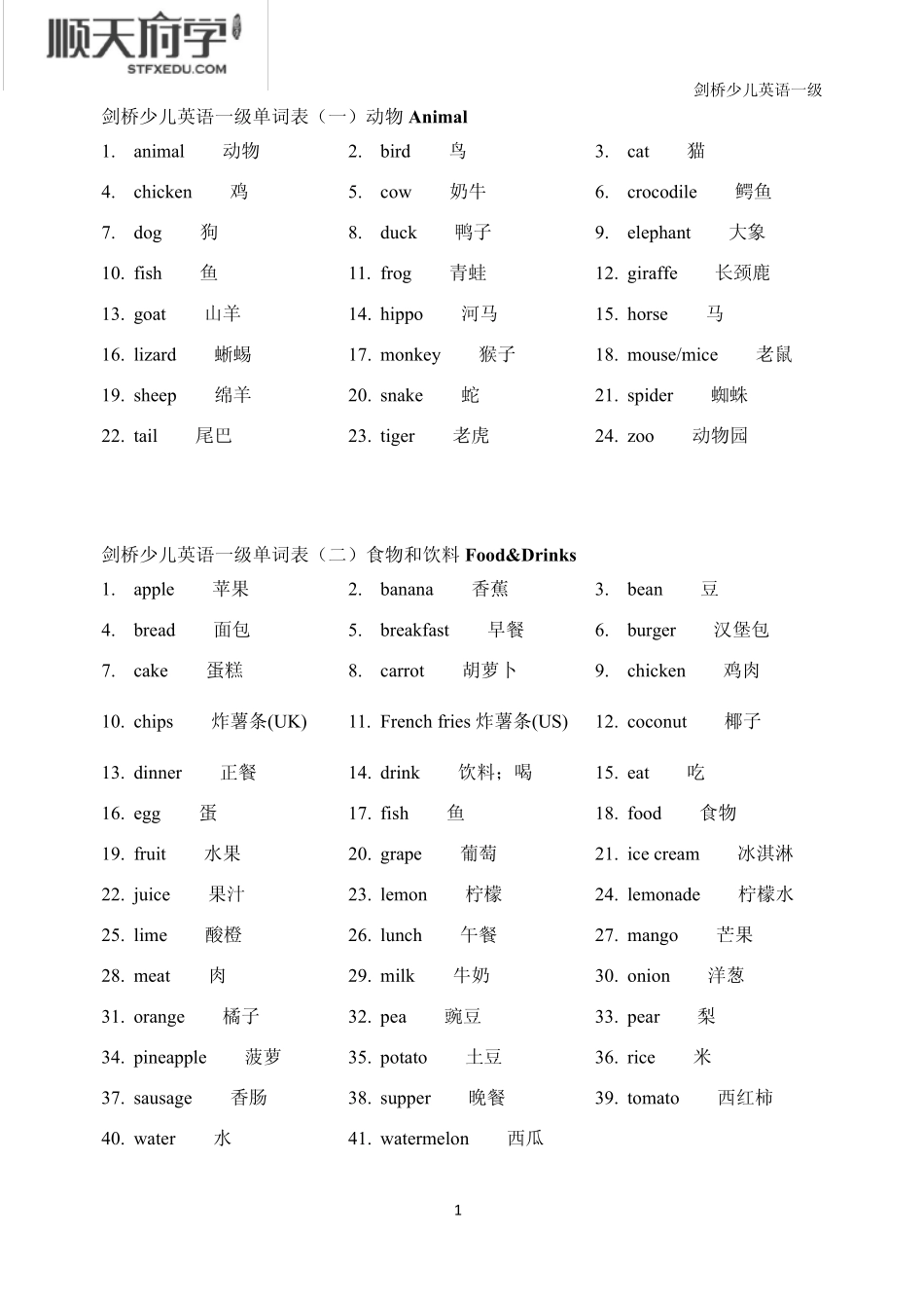 剑桥少儿英语一级词汇表_第1页