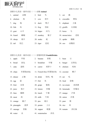 剑桥少儿英语一级词汇表