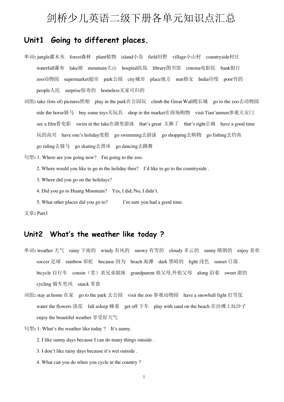 剑桥少儿英语二级下册各单元知识点汇总_第1页