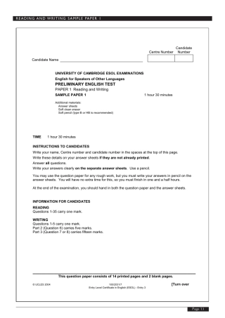 剑桥通用五级PEThandbook阅读写作部分样题