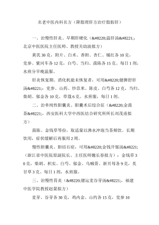 名老中医内科名方(降脂理肝方治疗脂肪肝)