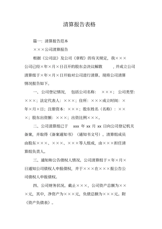 清算报告表格