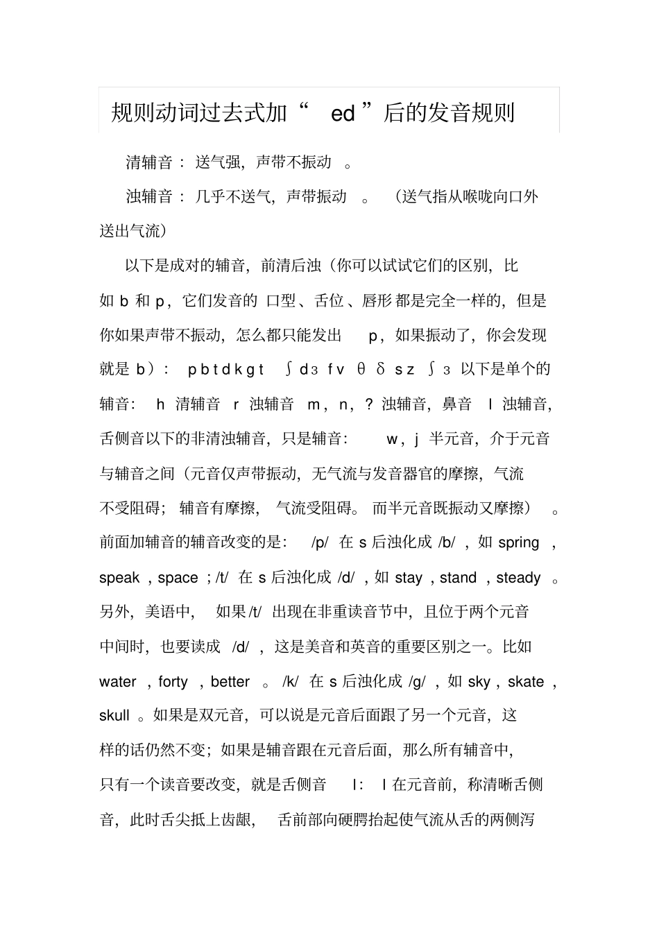 清辅音与浊辅音规则动词过去式加ed后的发音规则动词第三人称单数的变化规则及发音规律_第1页