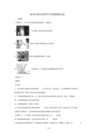 湖北2019年中考物理模拟试题含解析