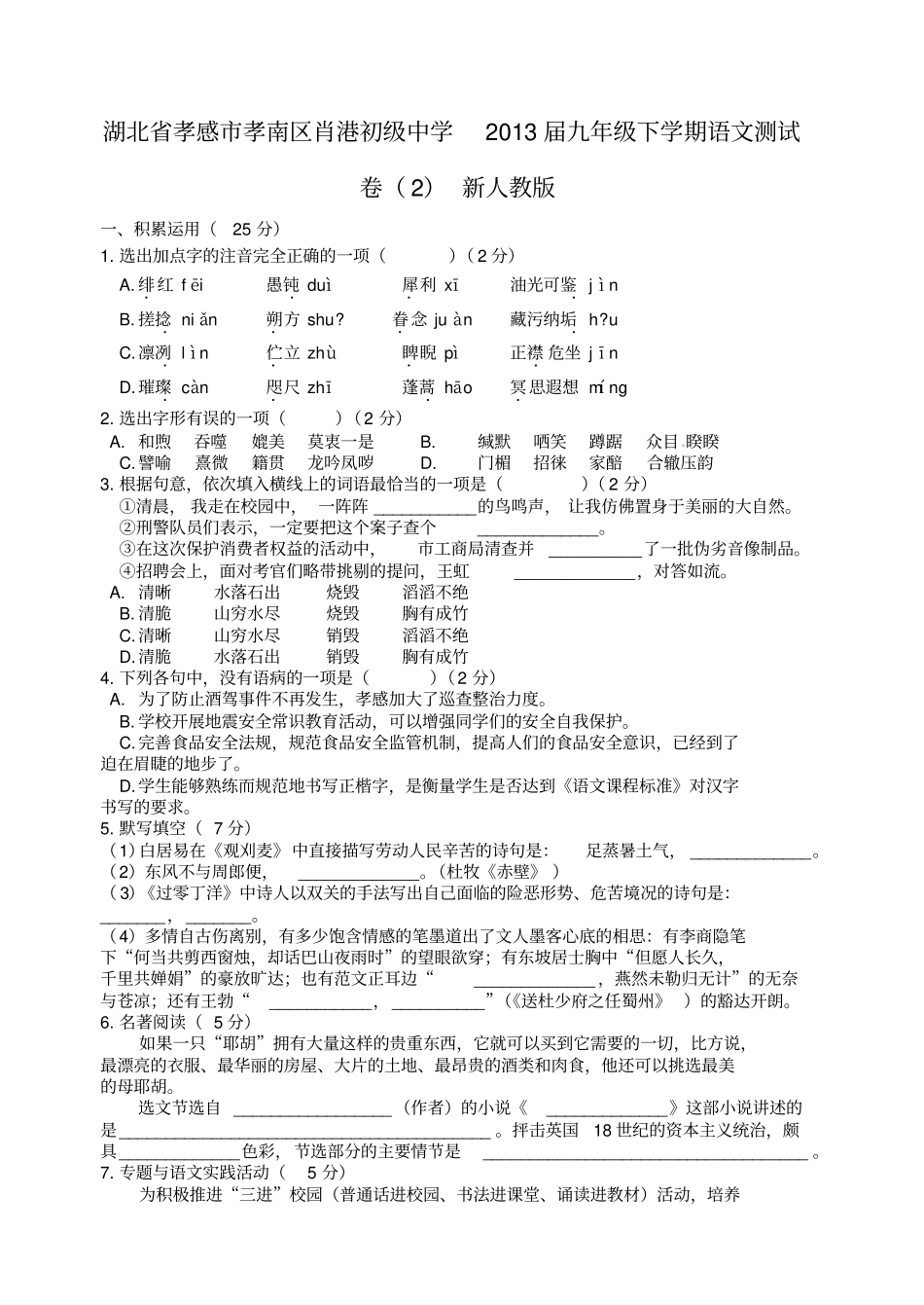 湖北孝感孝南区肖港初级中学九级语文下学期测试卷_第1页