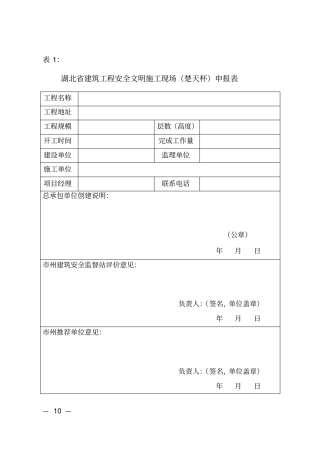 湖北建筑工程安全文明施工现场楚天杯申报表