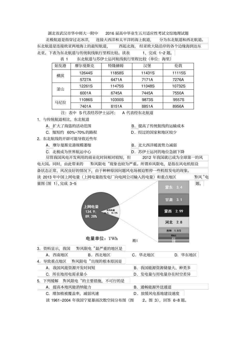 湖北武汉华中师大一附中2016届高中毕业生五月适应性考试文综地理试题分析_第1页