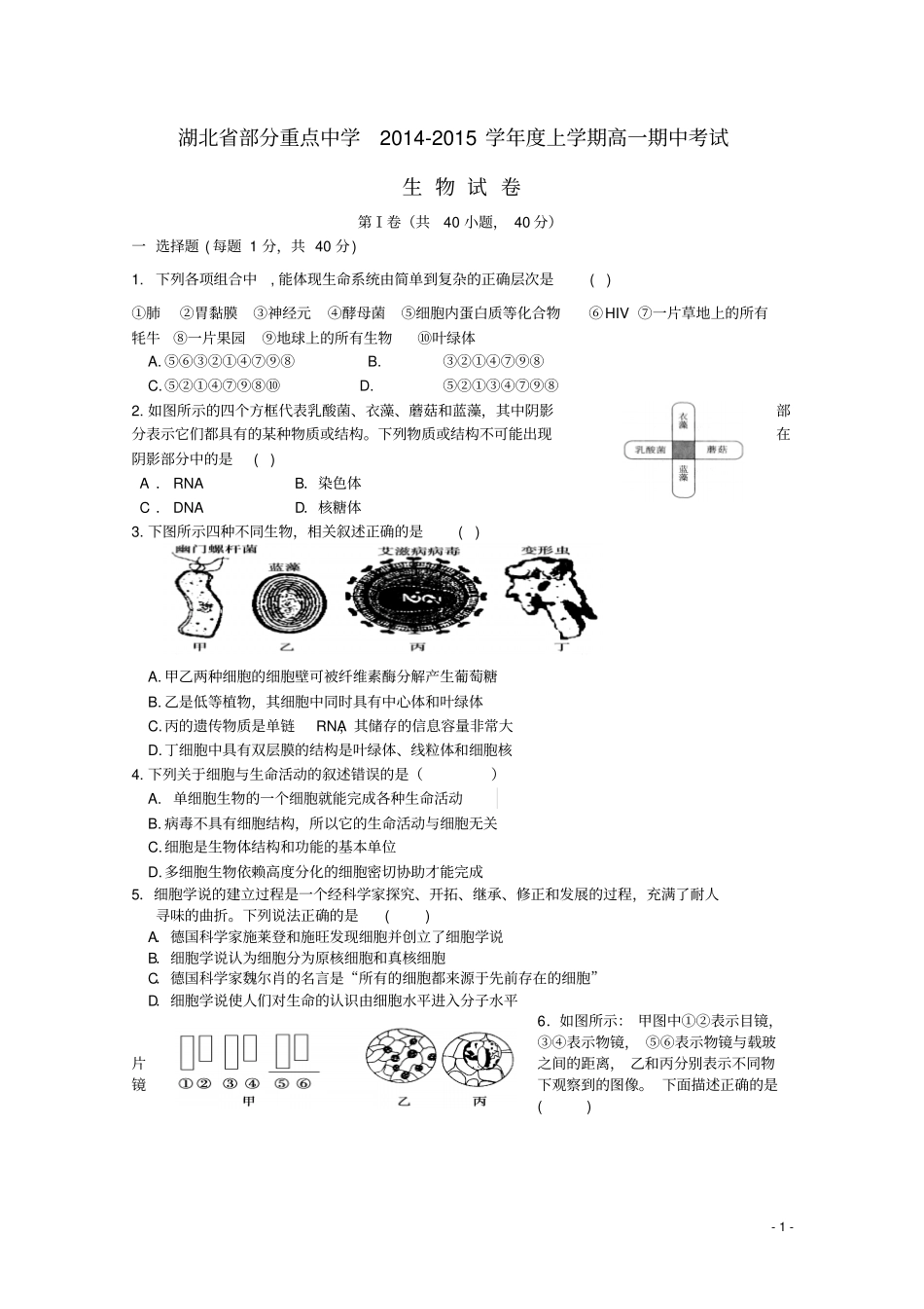 湖北武汉武汉中学2012015学年高一生物上学期期中试题汇总_第1页