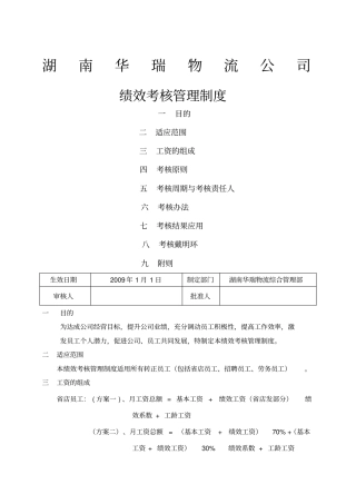 湖南华瑞物流公司绩效考核管理制度