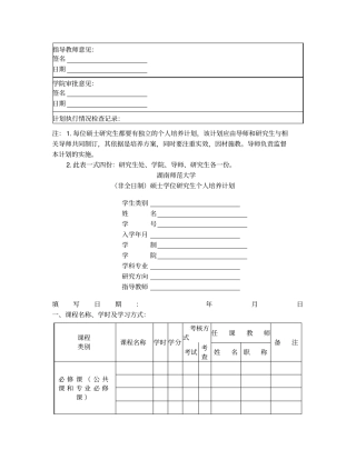 湖南师范大学非全日制硕士研究生个人培养计划
