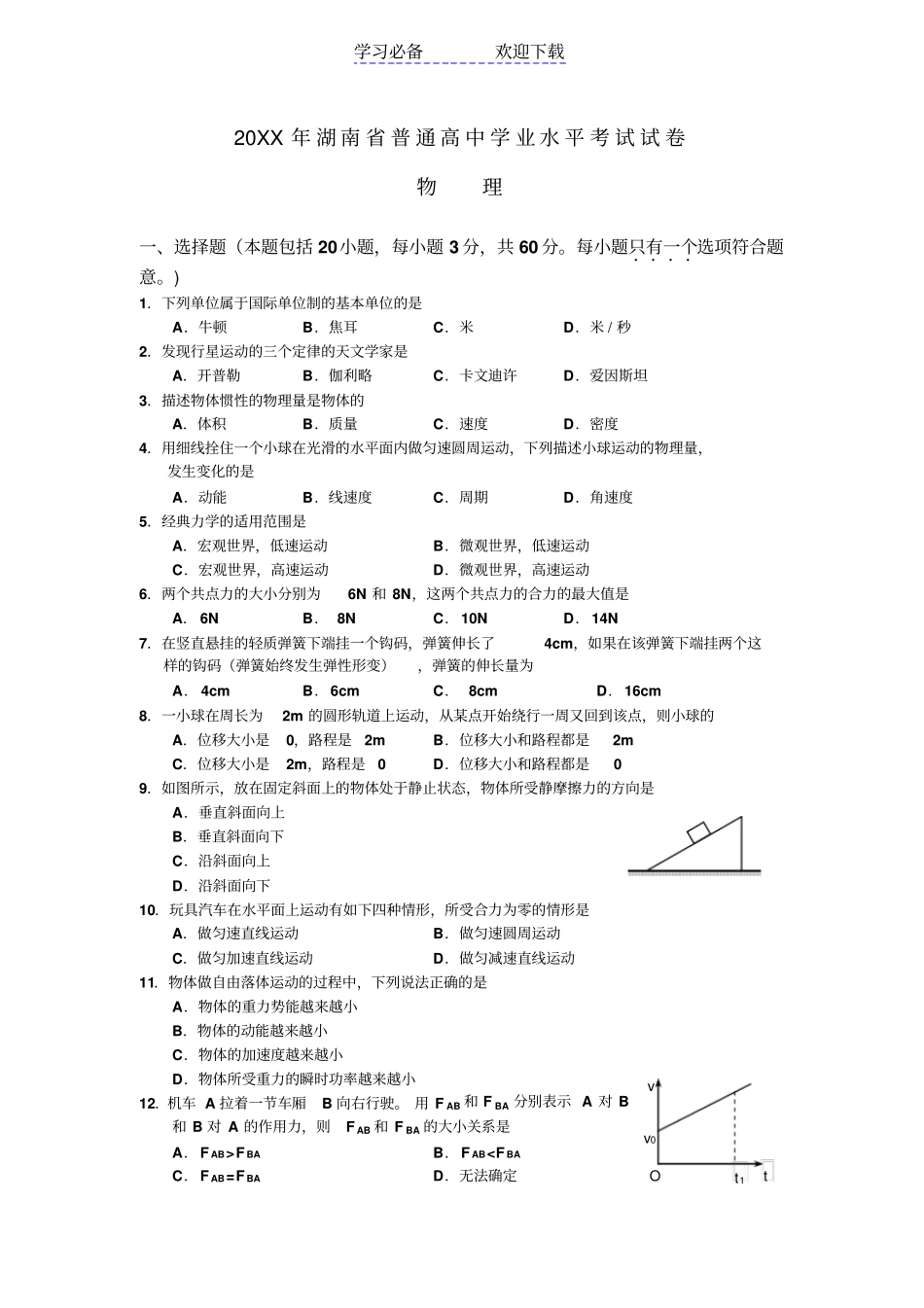 湖南普通高中学业水平考试物理试卷及答案_第1页