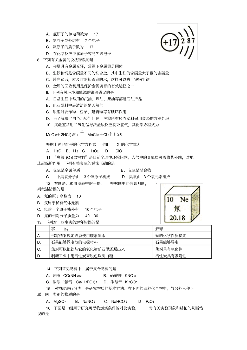 湖南株洲中考化学试题版及答案_第2页