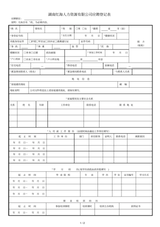 湖南红海人力资源有限公司应聘登记表