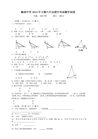湖南郴州湘南中学八年级上学期期中考试数学试题