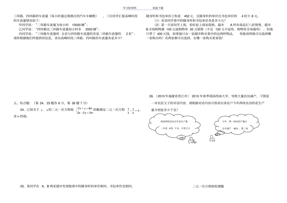 湘教版七年级二元一次方程组检测题及答案_第2页