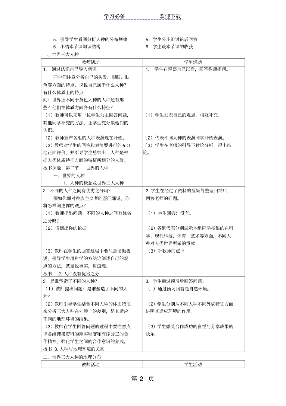 湘教版七年级地理上册世界的人种教学设计_第2页