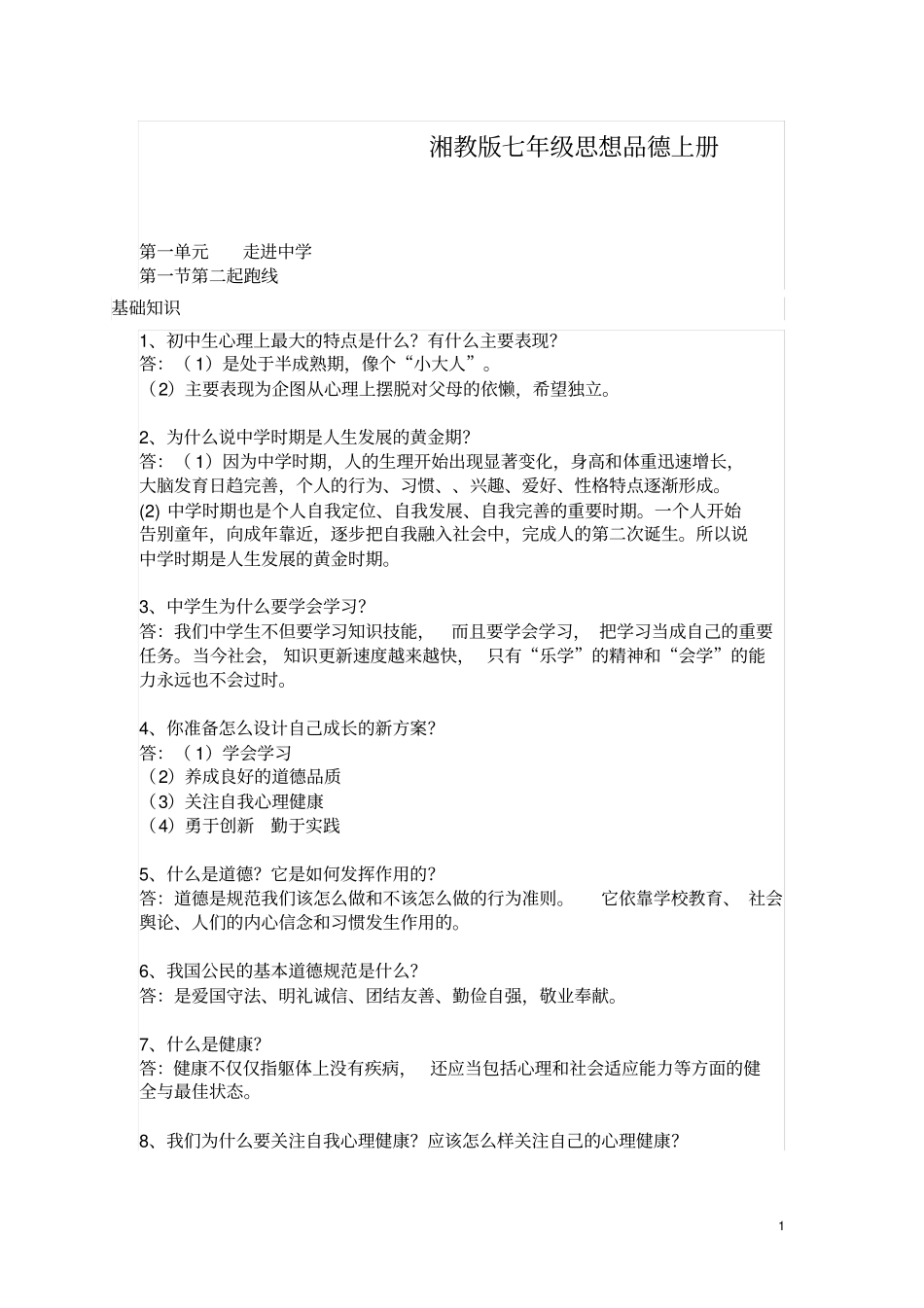 湘教版七年级思想品德上册知识点良心出品必属精品_第1页