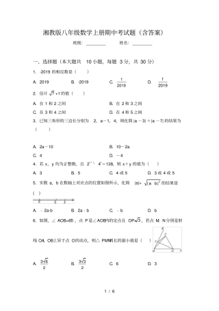 湘教版八年级数学上册期中考试题含答案