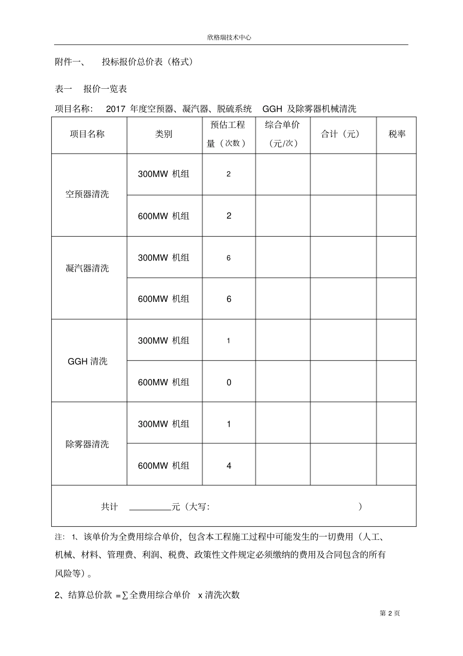湘潭发电2017年空预器、凝汽器、脱硫系统GGH及除雾器清洗项目询价采购文件资料_第2页