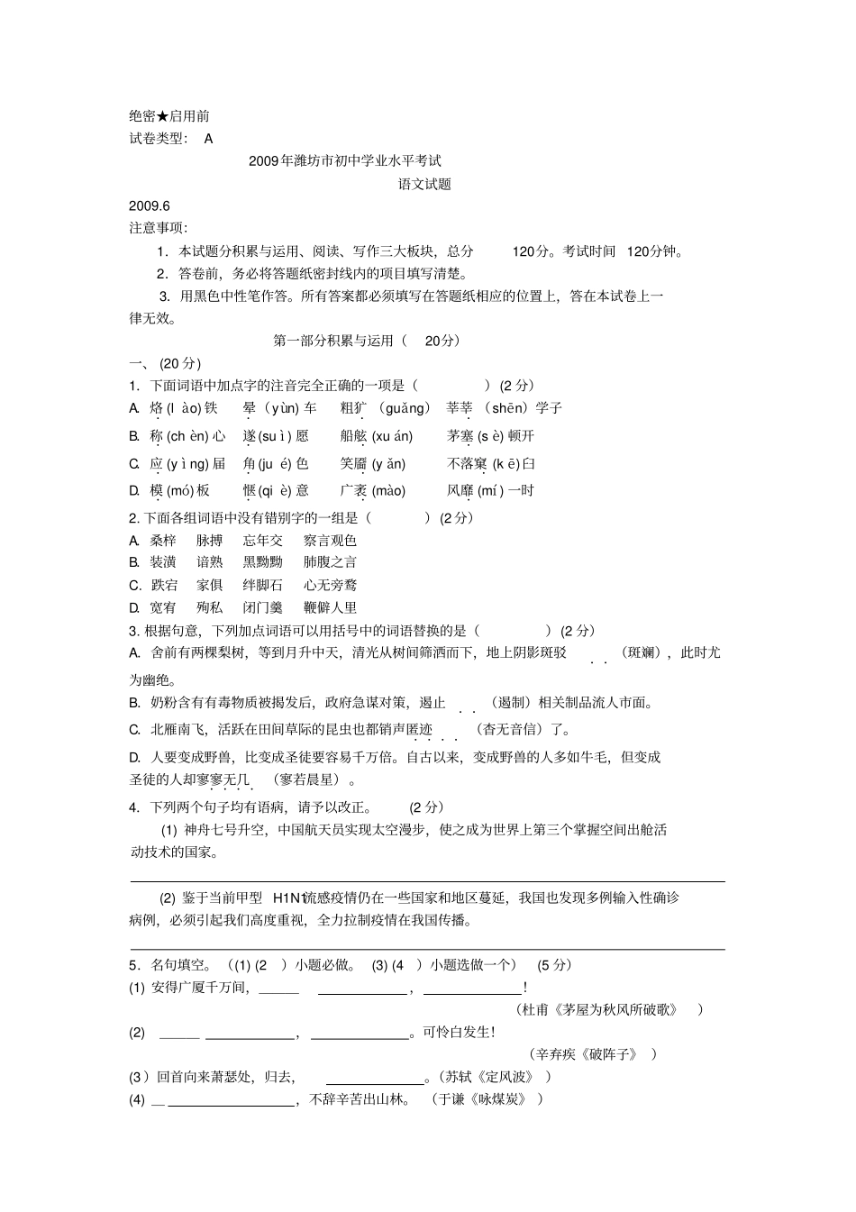 潍坊中考语文答案及试题_第1页