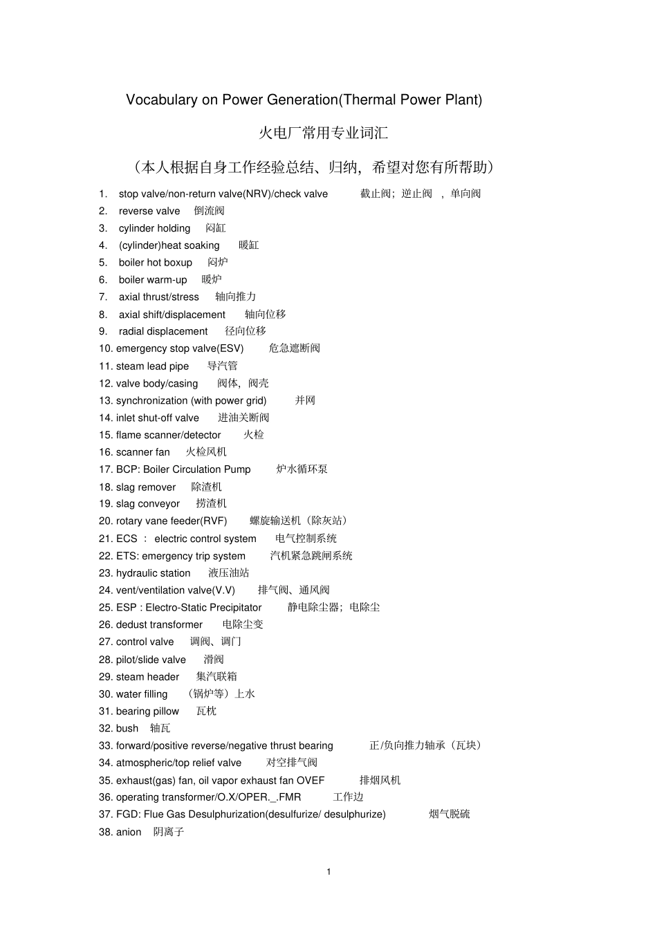 火电厂常用专业词汇-中英文资料_第1页