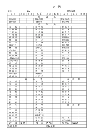 火锅店点菜单范本