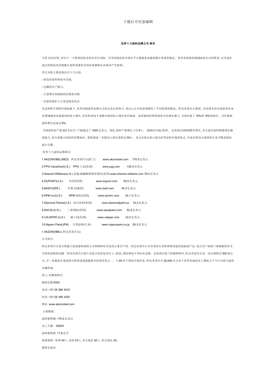 世界十大涂料品牌公司年度报告_第1页