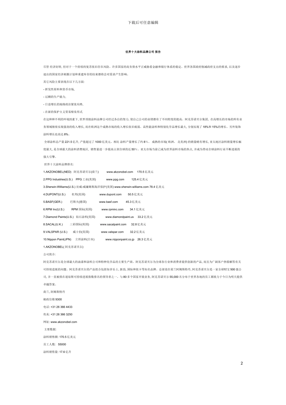 世界十大涂料品牌公司年度报告模板_第2页