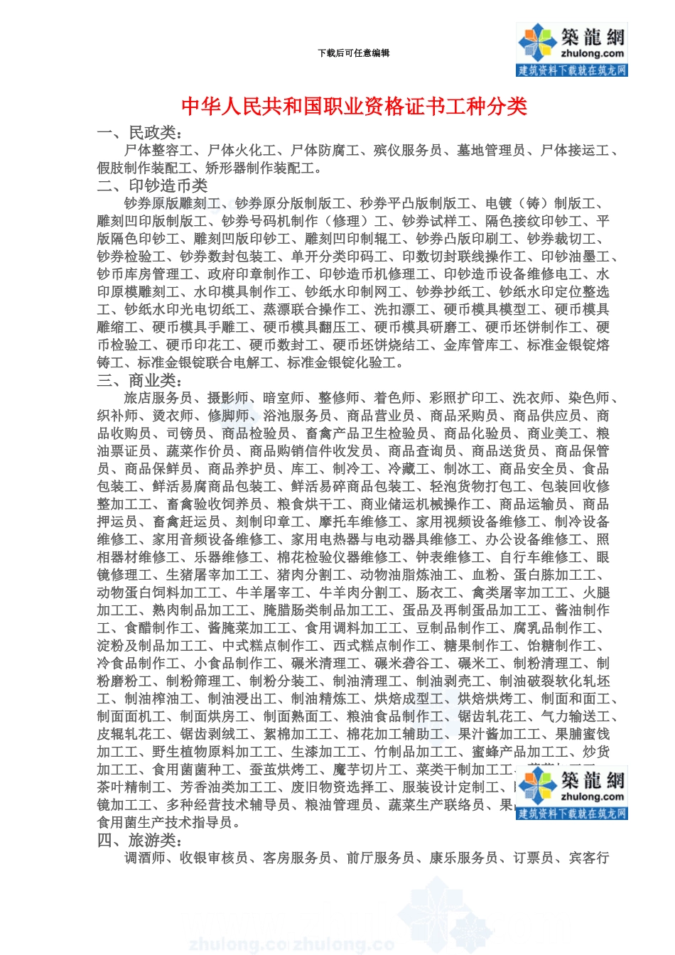 中华人民共和国职业资格证书工种分类secret_第2页