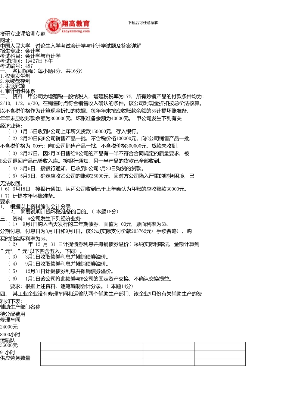 中国人民大学研究生入学考试会计学与审计学试题及答案详解新版资料_第1页