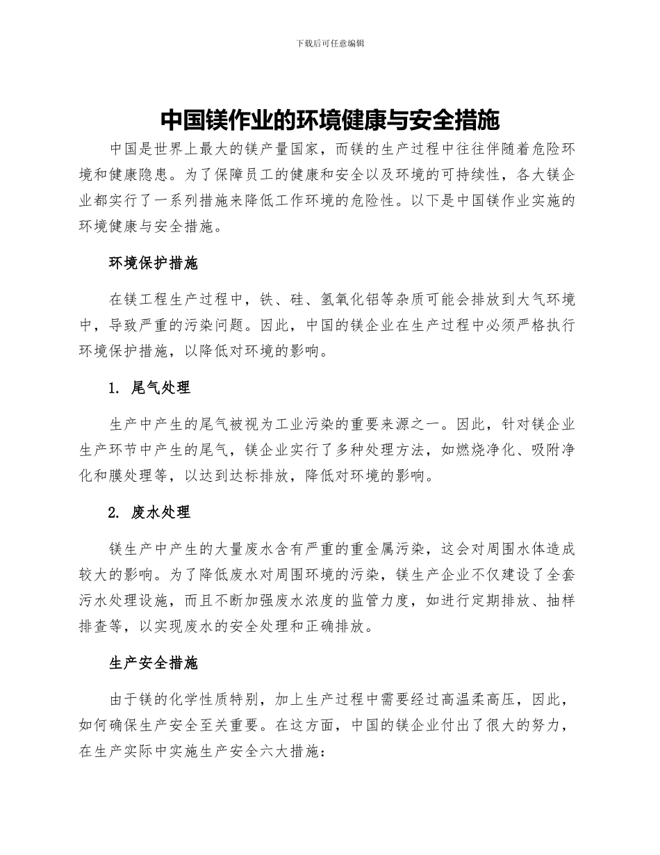 中国镁作业的环境健康与安全措施_第1页