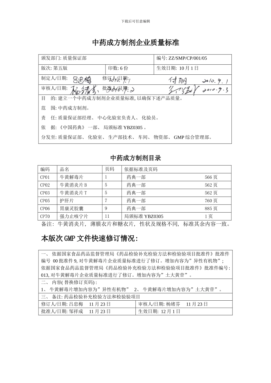 中药成方制剂企业质量标准样本_第1页