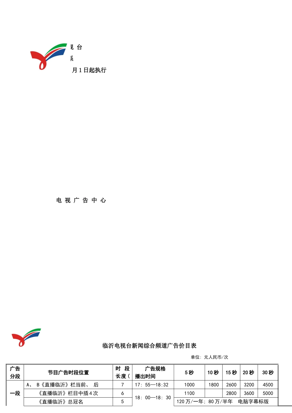 临沂电视台电视广告价格体系样本_第1页
