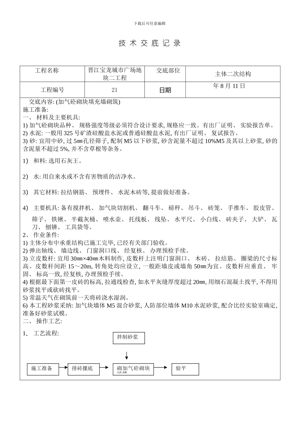 二次结构填充墙的技术交底模板_第1页